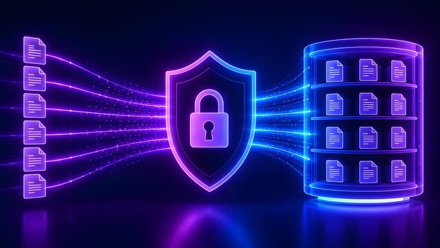 Cybersecurity encrypted file transfer process with glowing digital documents moving through padlock shield into secure server storage