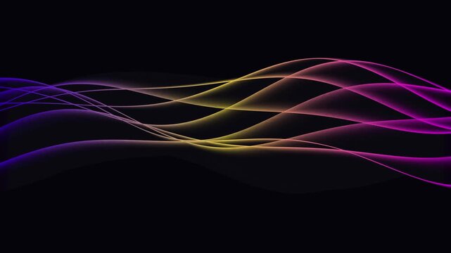 Glowing colorful light waves flowing across deep black background in this smooth high resolution digital motion animation footage depicting abstract energy signals for creative visual projects