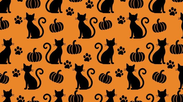 Black cat silhouettes, pumpkins, and paw prints scrolling diagonally seamlessly as an animated motion background