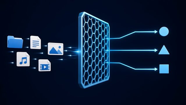 Digital file conversion process filtering media folders and documents through hexagonal grid into basic geometric elements