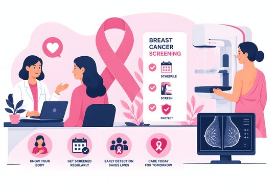 Breast Cancer Awareness Illustration with Screening Early Detection and Healthcare Professionals