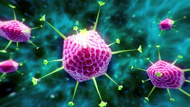 3D microscopic view of pink virus and bacteriophage cells floating in fluid background microbiology pathogen
