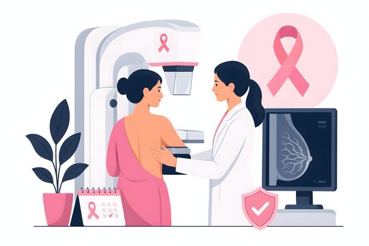 Breast cancer awareness illustration with mammogram machine doctor and pink ribbon symbol