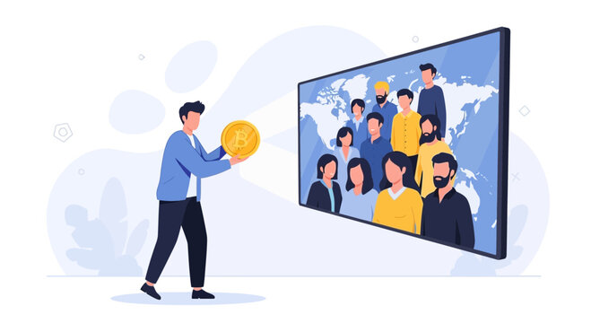 Man Holding Bitcoin Coin, Presenting Global Community on Digital Screen, Cryptocurrency Concept