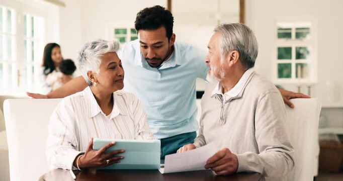 People, relax and reading in home with tablet, online banking and payout statement of retirement. Adult son, old parents and talk at house with tech, finance records and person application for rebate