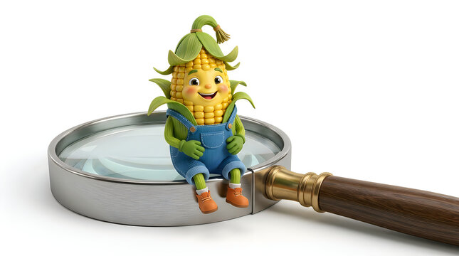 Cute cartoon corn character sitting on a large magnifying glass