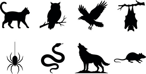 Naklejka premium Halloween animal silhouette icons set with cat, owl, crow, bat, spider, snake, wolf and rat isolated on white background