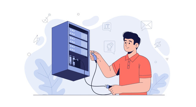 IT Technician connecting server rack with cable, modern flat vector illustration for technology and data concepts