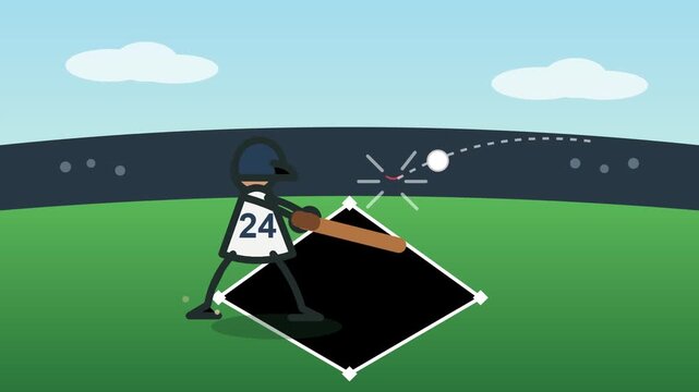 Baseball player character hitting a ball with a wooden bat in this creative animation motion video clip for sports fans