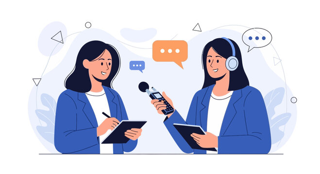 Journalist interviewing woman with microphone and notepad, vector illustration, concept of news and communication