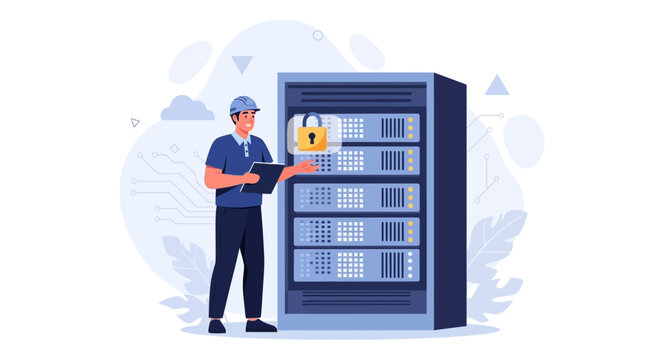 IT Technician Securing Server Rack with Padlock, Data Center Security and Network Maintenance Concept