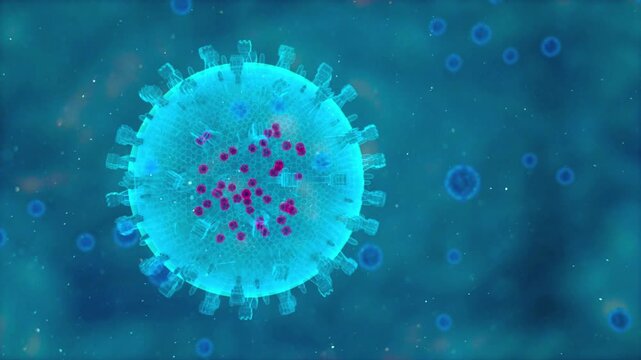 Glowing blue virus cell with internal structure floating in microscopic environment pathogen infection disease