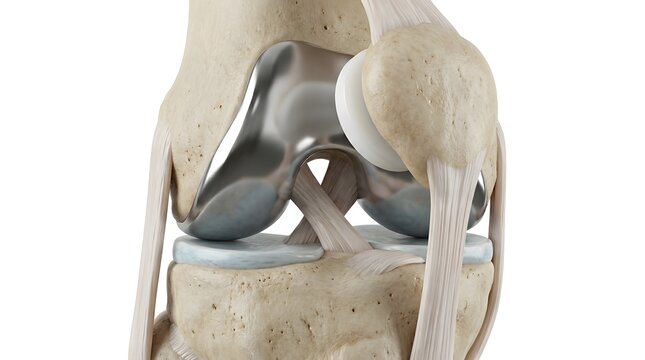 Close up 3D illustration of total knee arthroplasty prosthesis on white background