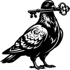 Naklejka premium Pigeon guardian holding an oversized key vector illustration