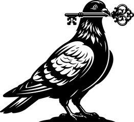 Naklejka premium Pigeon guardian holding an oversized key vector illustration