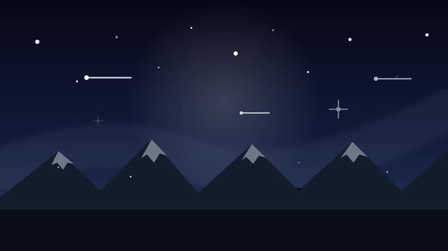 Night sky animation showing moving shooting stars over jagged mountain peaks in a dark blue minimal flat style motion graphic