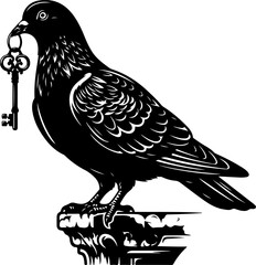 Naklejka premium Pigeon guardian holding an oversized key vector illustration
