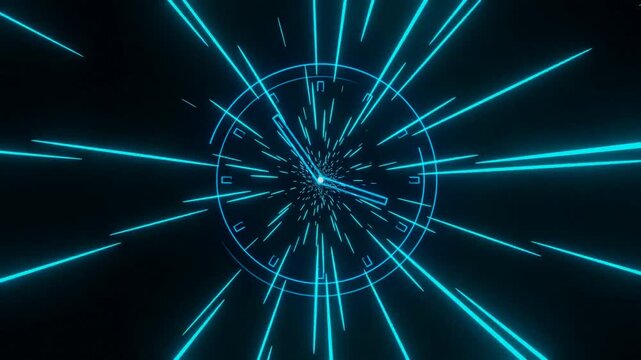 Futuristic cyan glowing neon clock traveling light trails through hyperspace motion streak tunnel animation on dark background