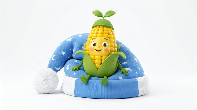 Cute cartoon corn character sitting on a soft blue sleeping cap with stars
