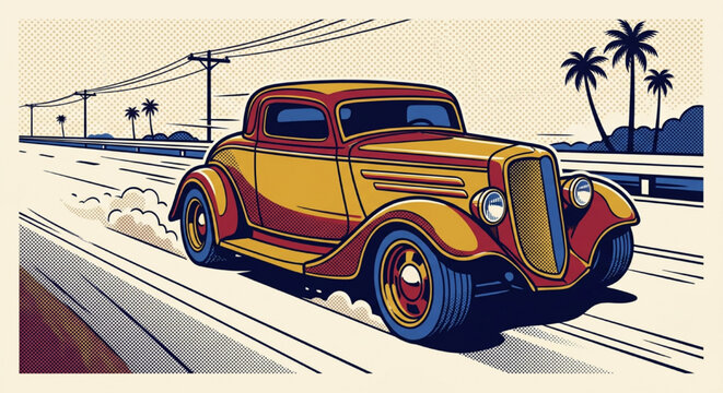Retro Red and Yellow Muscle Car Vintage Graphic Novel Style Vector