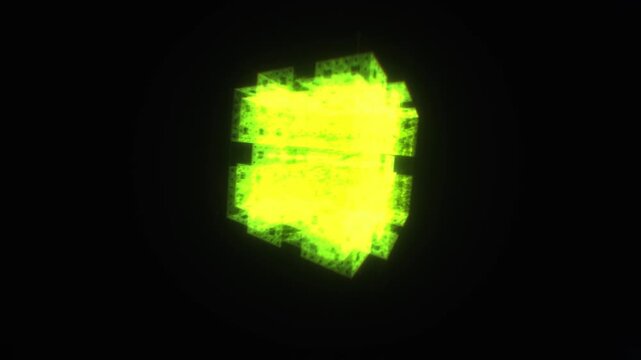 Glowing yellow cube with intricate geometric core rotates in dark space as a futuristic 3D animation loop for scifi backgrounds and visual effects