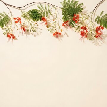 Vibrant Red Flowers and Green Foliage Border on Cream Background