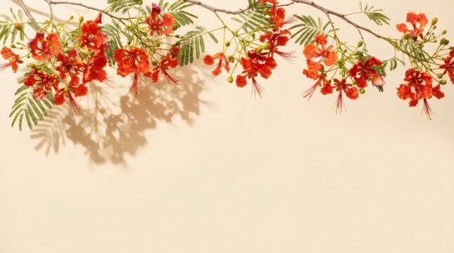 Vibrant Flamboyant Tree Flowers and Leaves with Shadows on Beige Background
