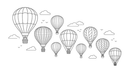Hot Air Balloon Fleet: A whimsical illustration depicting a flotilla of hot air balloons ascending gracefully against a backdrop of stylized clouds and distant birds, suggesting adventure and freedom. © AbuAbdillah