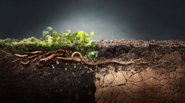 Split-screen showing soil layers with plants and worms in different sections