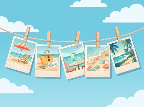 Polaroid pictures hanging on a clothesline with blue sky