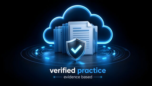 Verified practice and evidence based concept with secure cloud computing documents and protection shield in high-tech digital space