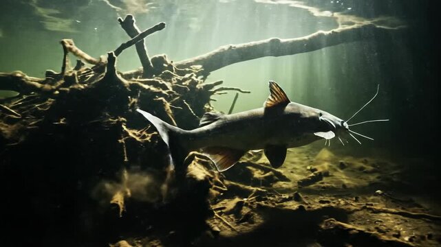 Channel catfish swimming underwater in natural habitat environment