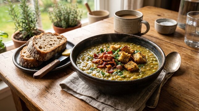 Split pea soup with bread on a wooden table near a window  