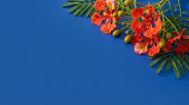 Vibrant Flamboyant Flowers and Leaves on Blue Background with Copy Space