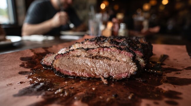 Barbecue beef brisket served on butcher paper in a restaurant  