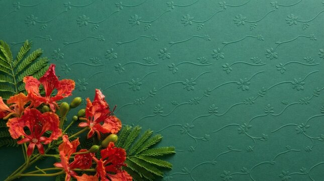 Tropical Flamboyant Flowers with Greenery on Textured Teal Cardstock
