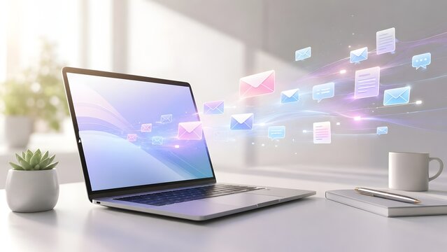 Modern laptop computer on white desk emitting glowing digital mail icons and messages representing email communication and online networking