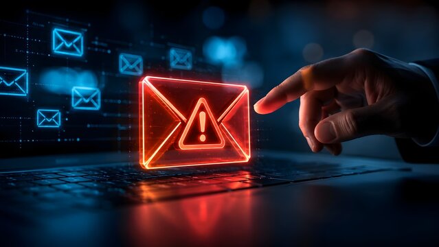 Human hand touching a glowing red cybersecurity spam mail alert icon over a modern laptop keyboard in the dark