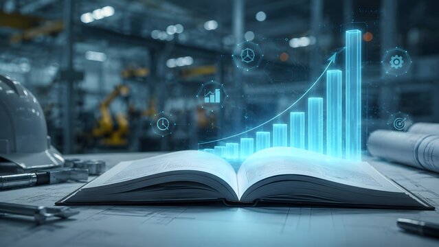 Open book with glowing digital bar chart graph and industrial icons showing business analytics and engineering management strategy