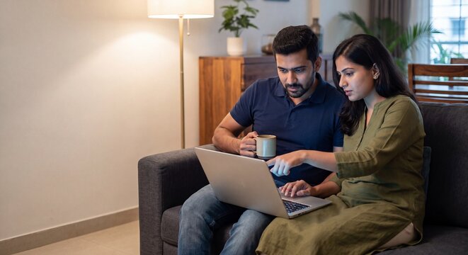 Focused Young Indian Couple Reviewing Digital Life Insurance on Laptop at Home