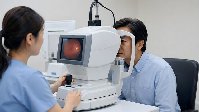 Patient Undergoing Retinal Imaging Examination With Ophthalmic Scanner