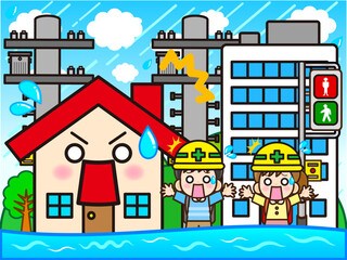 Naklejka premium 洪水で浸水する街と家のイラスト素材