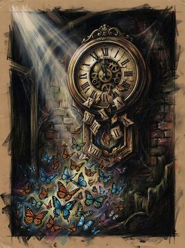Intricate vintage steampunk clock mechanism with magical glowing light