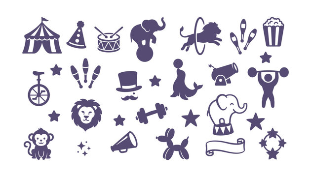 A collection of flat purple circus themed icons featuring animals and entertainment equipment
