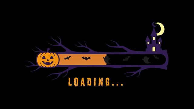 Halloween progress bar loading icon featuring jack o lantern pumpkin silhouette bats castle moon elements isolated black background