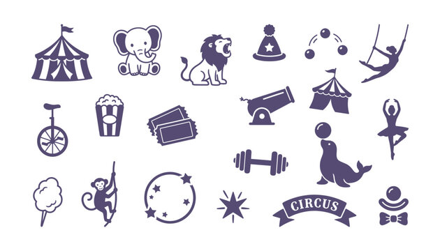 A collection of flat vector icons featuring circus animals performers and carnival equipment