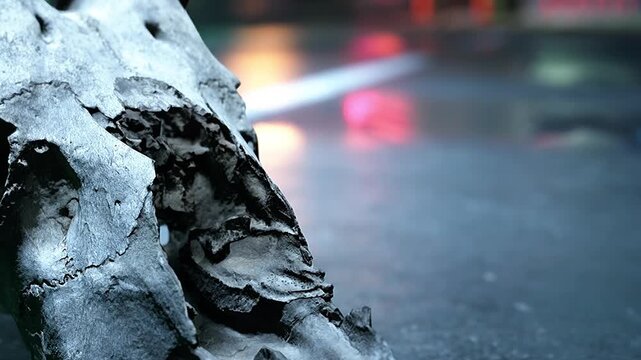 A skull fragment lies on a dark surface in an urban setting at night. Blurry lights are visible in the background, adding a sense of dimness to the scene.