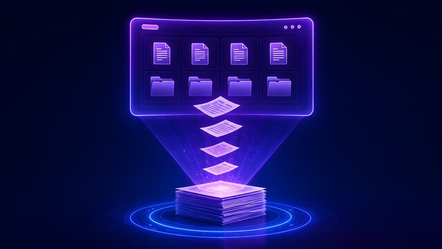 Holographic document digitization concept showing physical paper uploading into cloud storage virtual folders for modern archive management