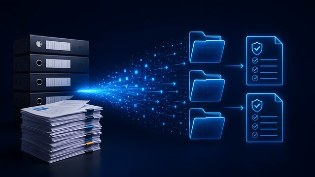 Digital document conversion process transforming physical paper into secure electronic files and structured data archives for paperless workflow