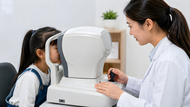 Female Patient Having Autorefractor Eye Examination at Clinic